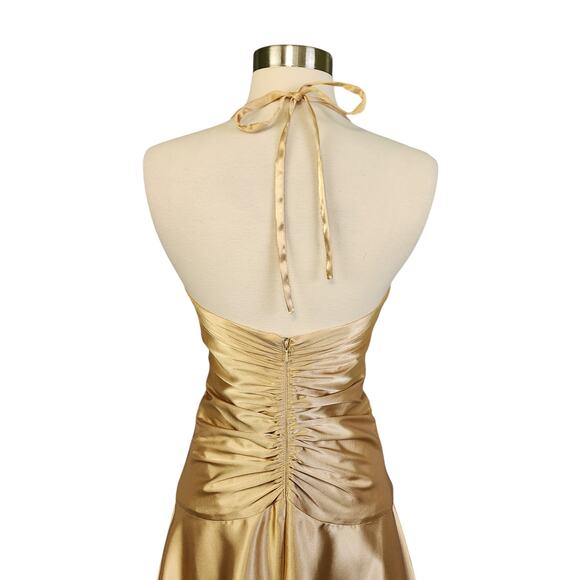 Jessica McClintock Womens Vintage Halter Dress Size 4 Gold Y2K Ruched Drop Waist - Picture 5 of 16